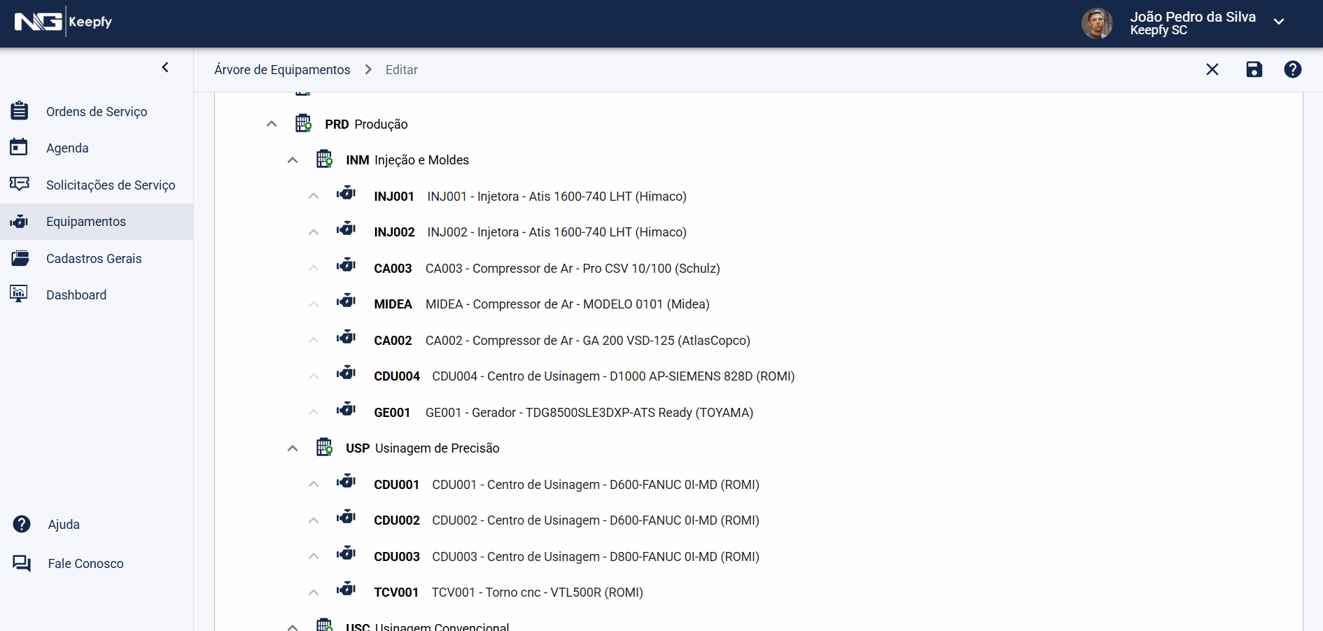 Tela de como fazer a alteração de localização manualmente de equipamentos na estrutura da árvore de equipamentos. 