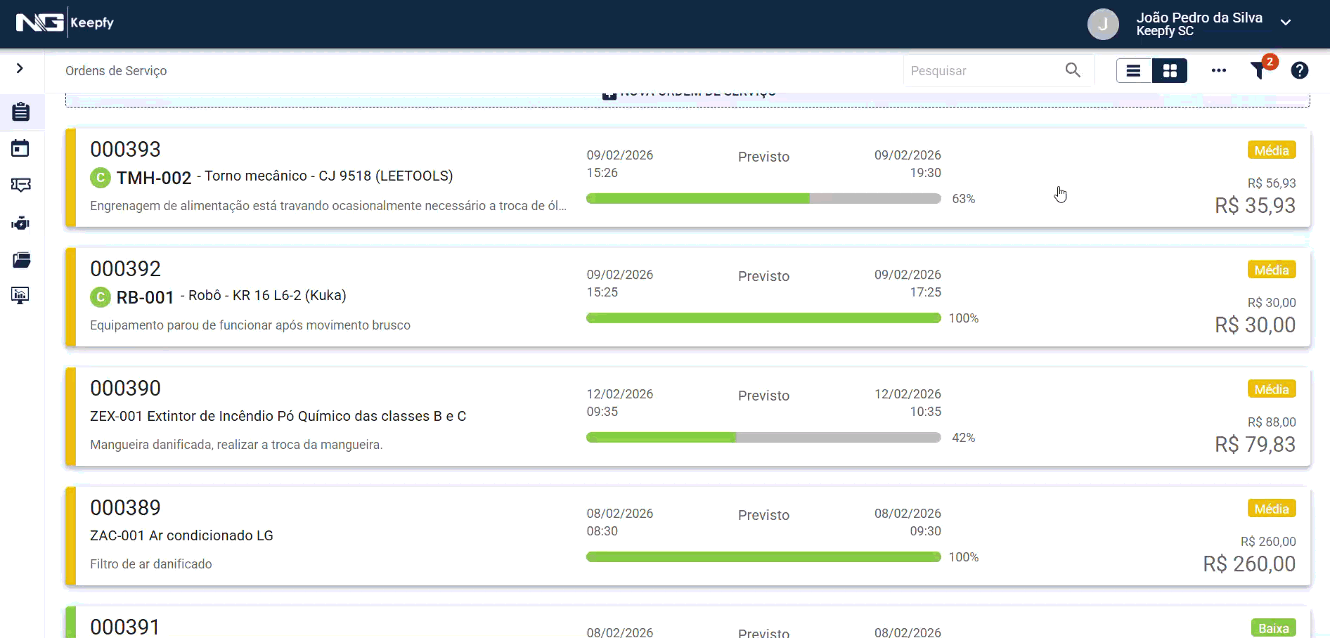 Tela da nova visualização em lista nos principais cadastros do Keepfy